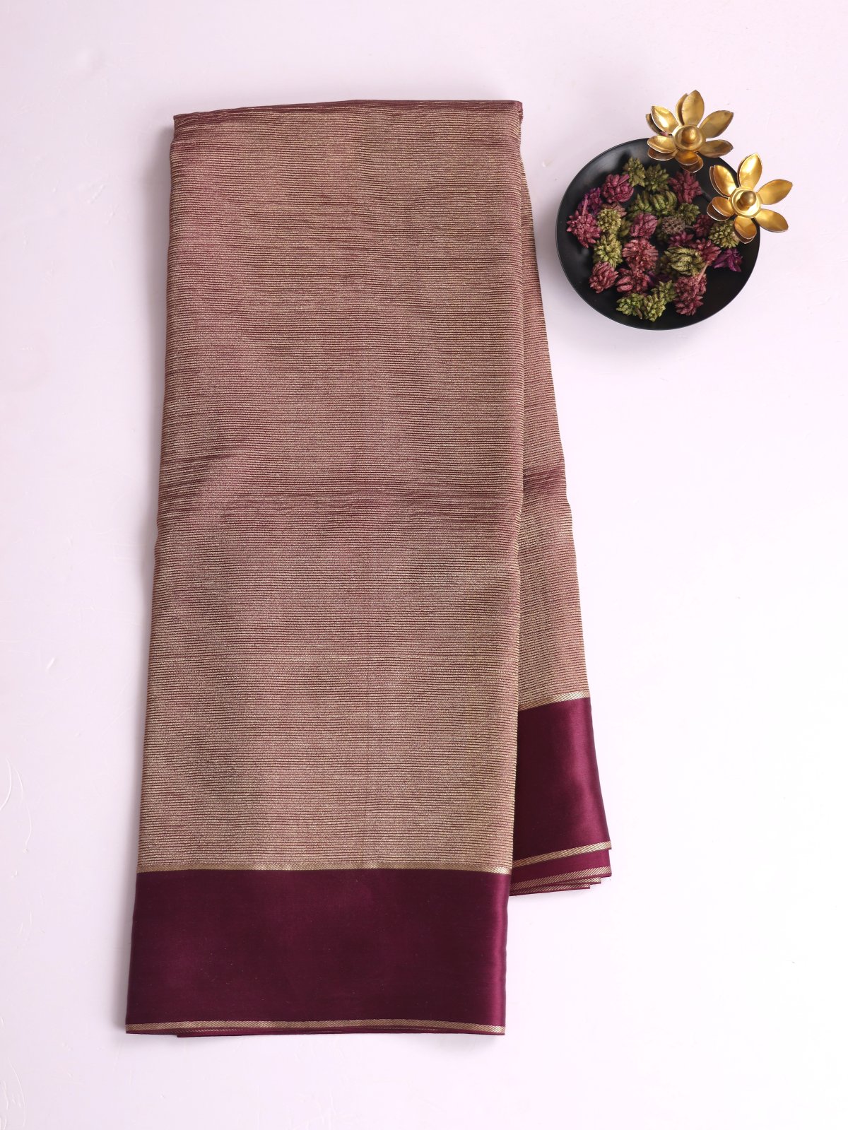 Burgundy Zari Striped Mysore Silk Saree With Satin Border