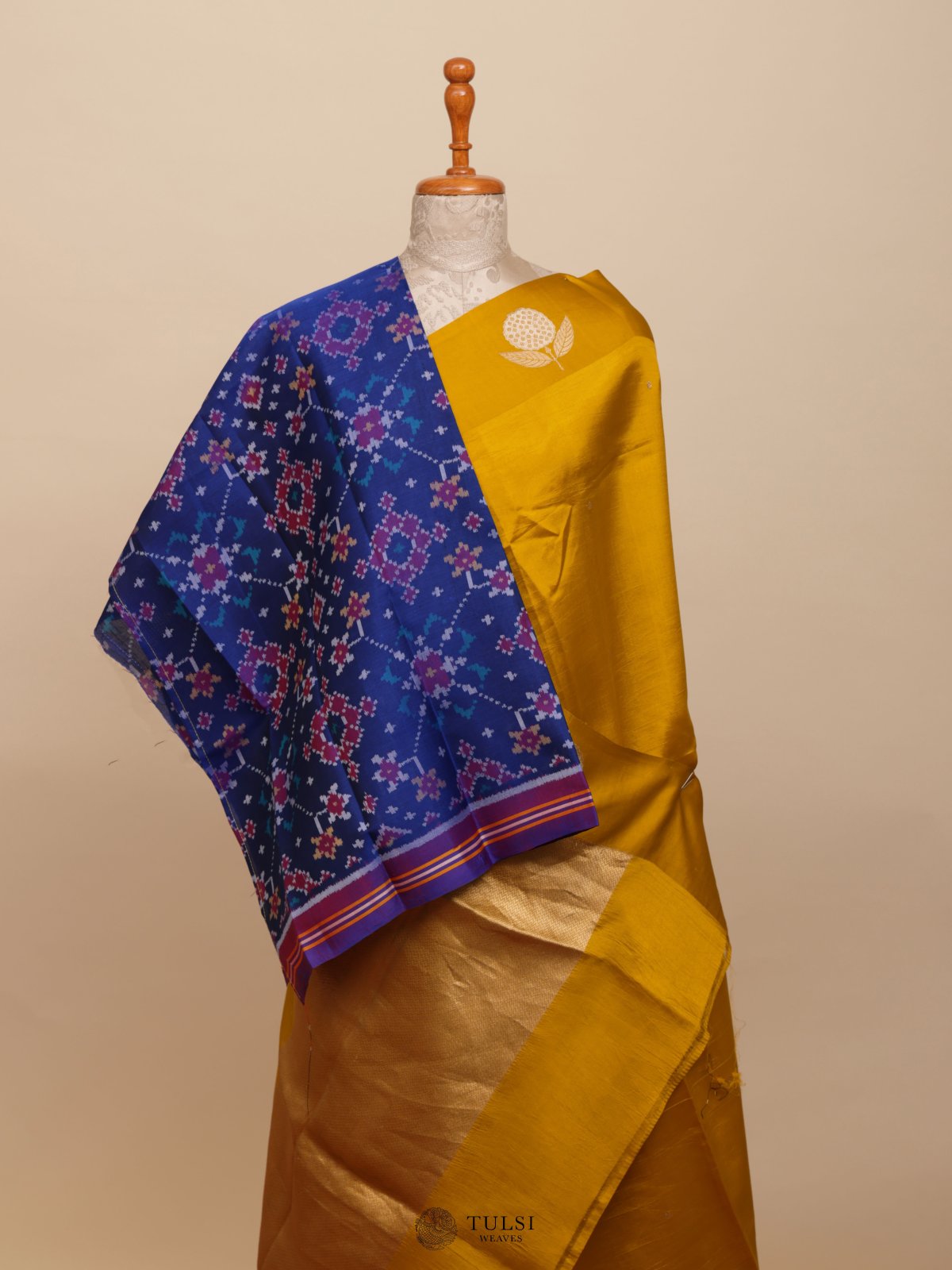 Mustard Yellow Mashru Silk Saree With Ikat Blouse