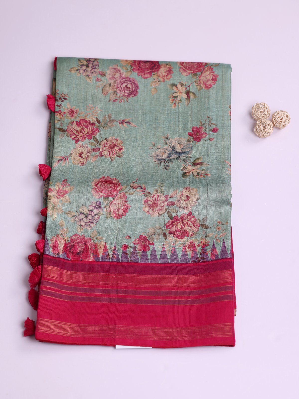 Light Bluish Green Printed Tussar Silk Saree With Rani Pink Border