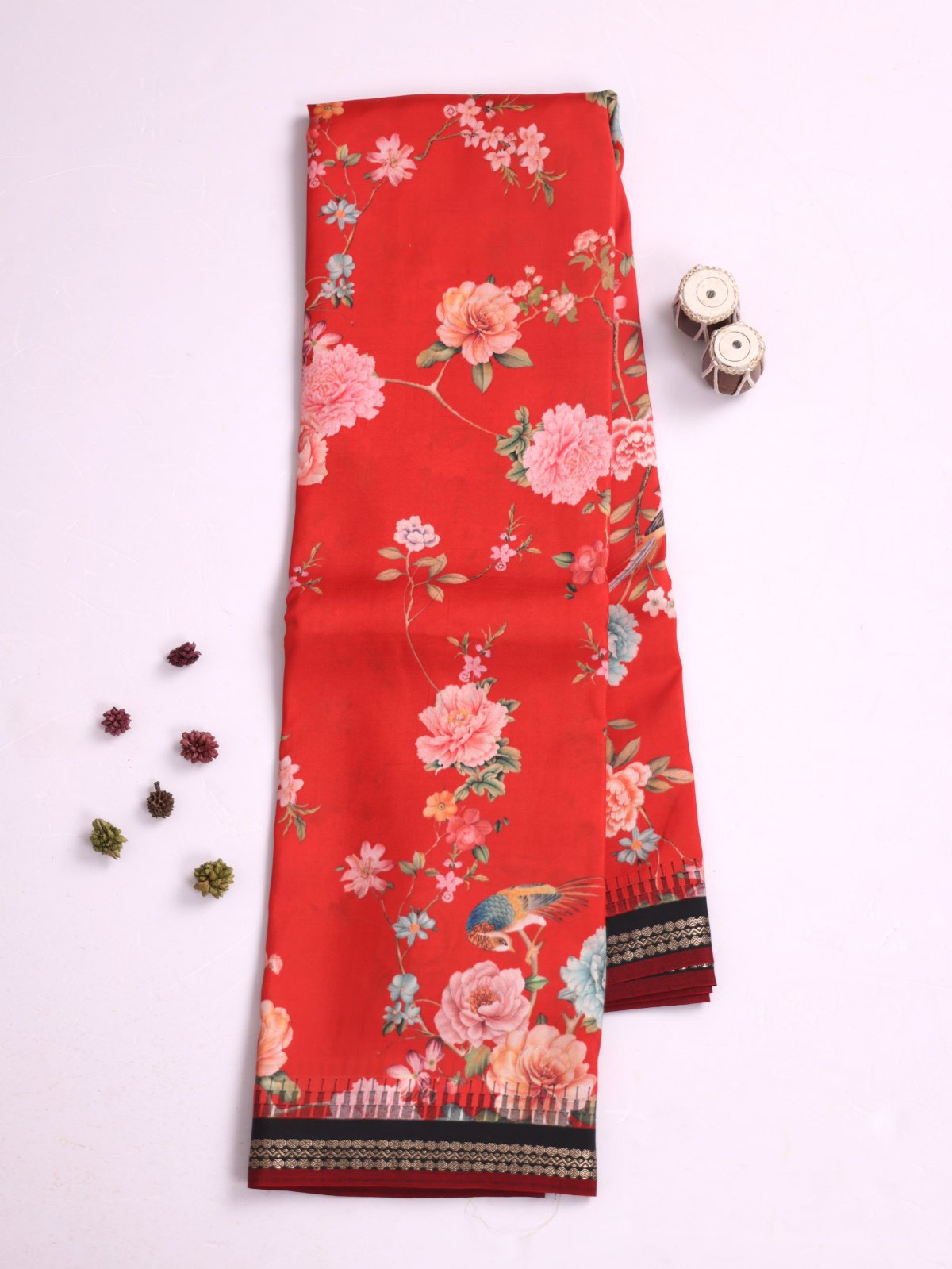 Red Printed Kanjeevaram Silk Saree With Black Border