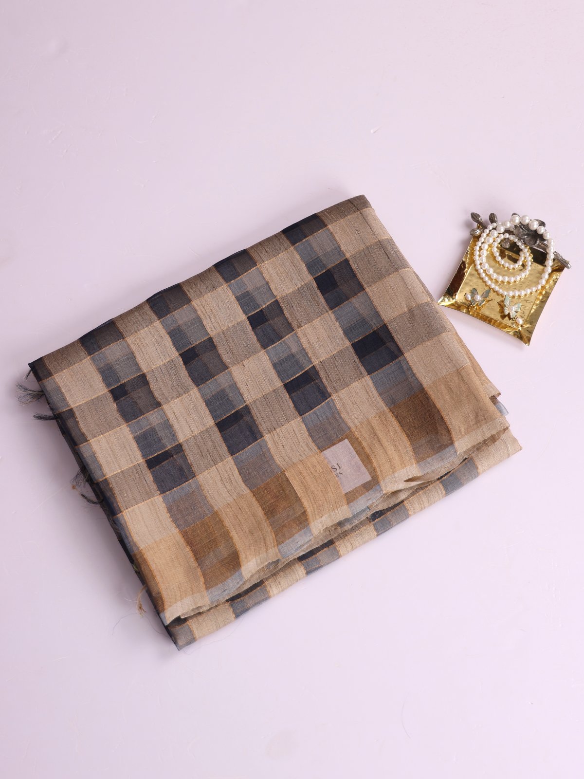 Dark Bluish Grey And Beige Checked Printed Organza Tussar Silk Saree