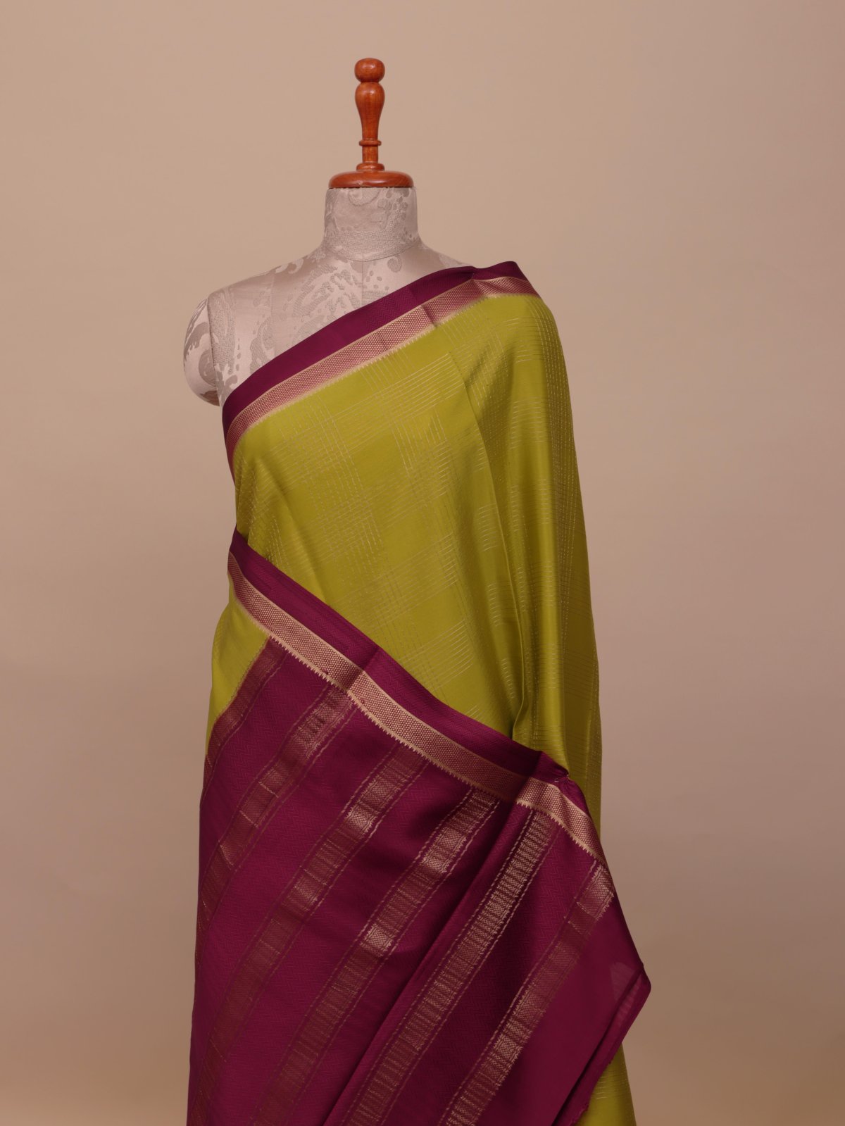 Mehndi Green Mysore Silk Saree With Burgundy Border