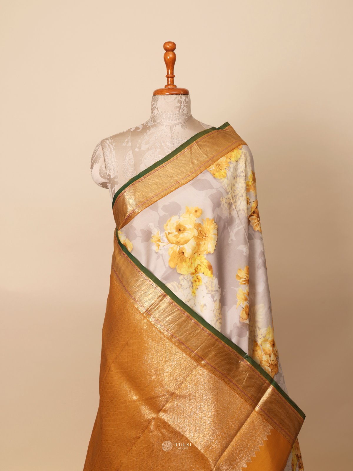 Off-White Printed Kanjeevaram Silk Saree