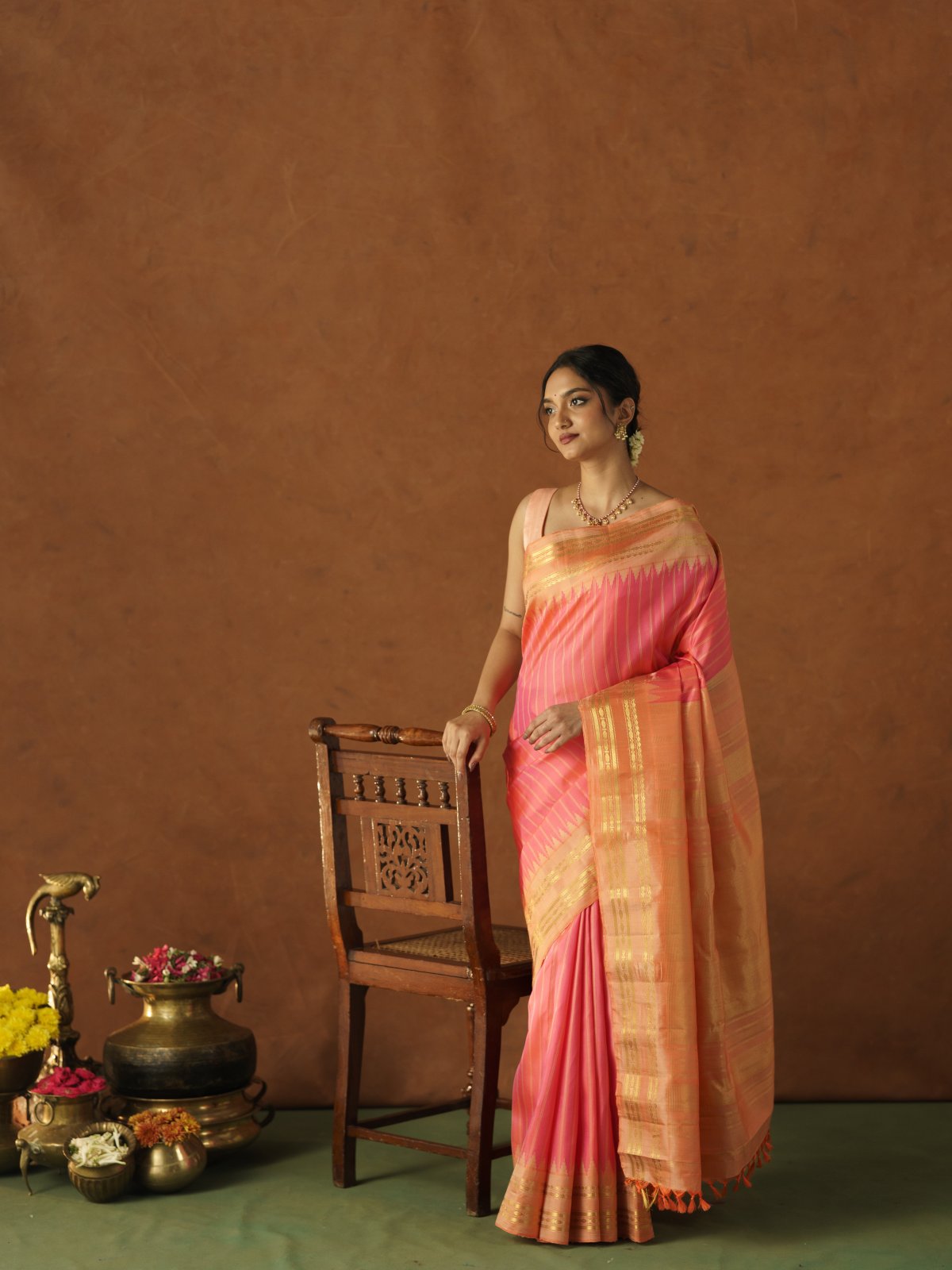 Pinkish Peach Gadwal Sareee With Peach Border