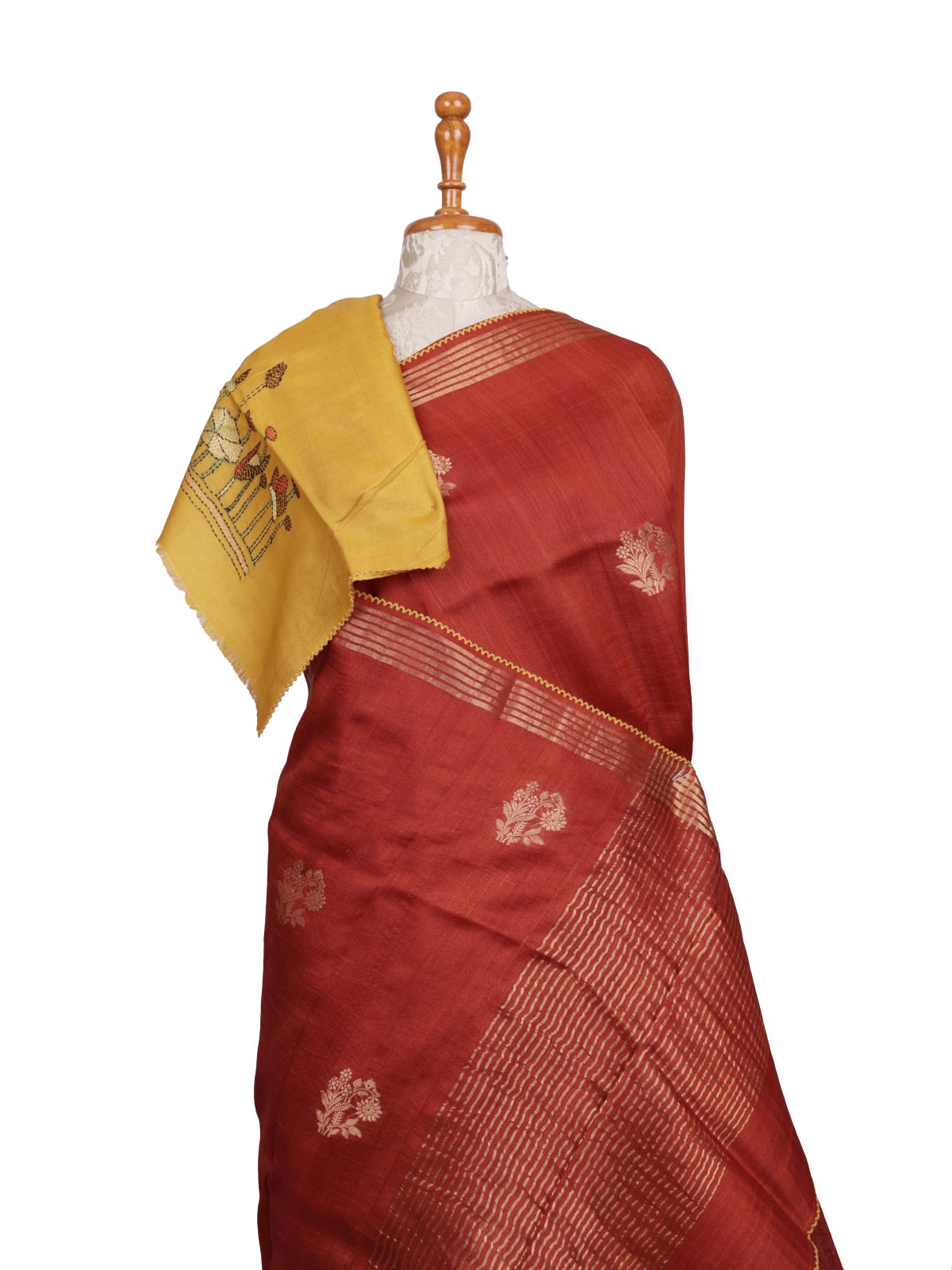 Rust Orange Tussar Silk Saree With Kantha Embroidery 
