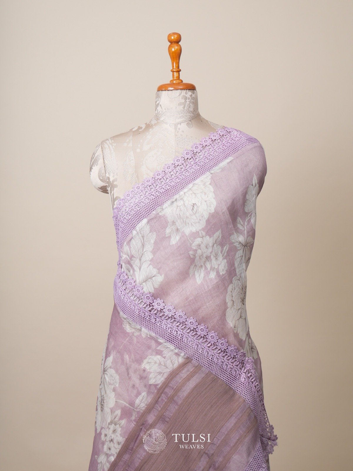 Lilac Printed Linen Silk Saree with Lace Border