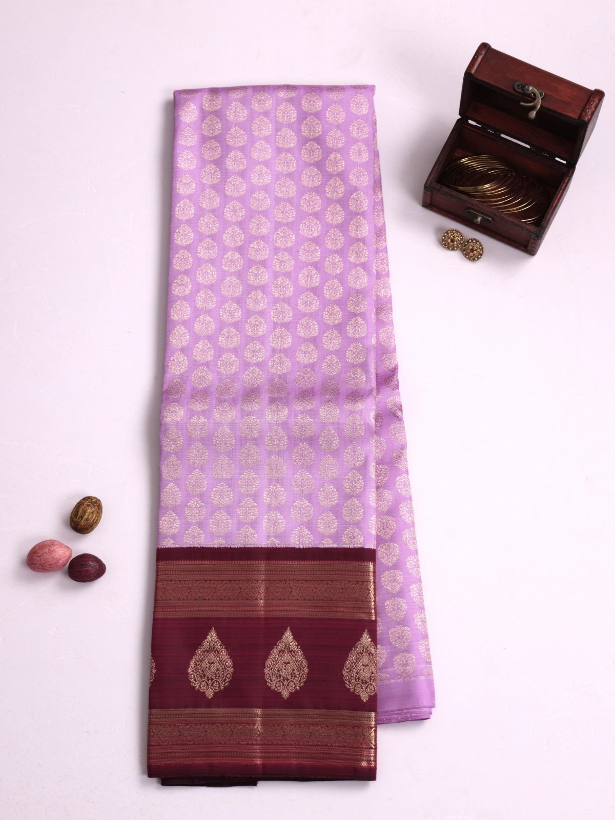 Lavender Kanjeevaram Silk Pavadai With Dark Magenta Border