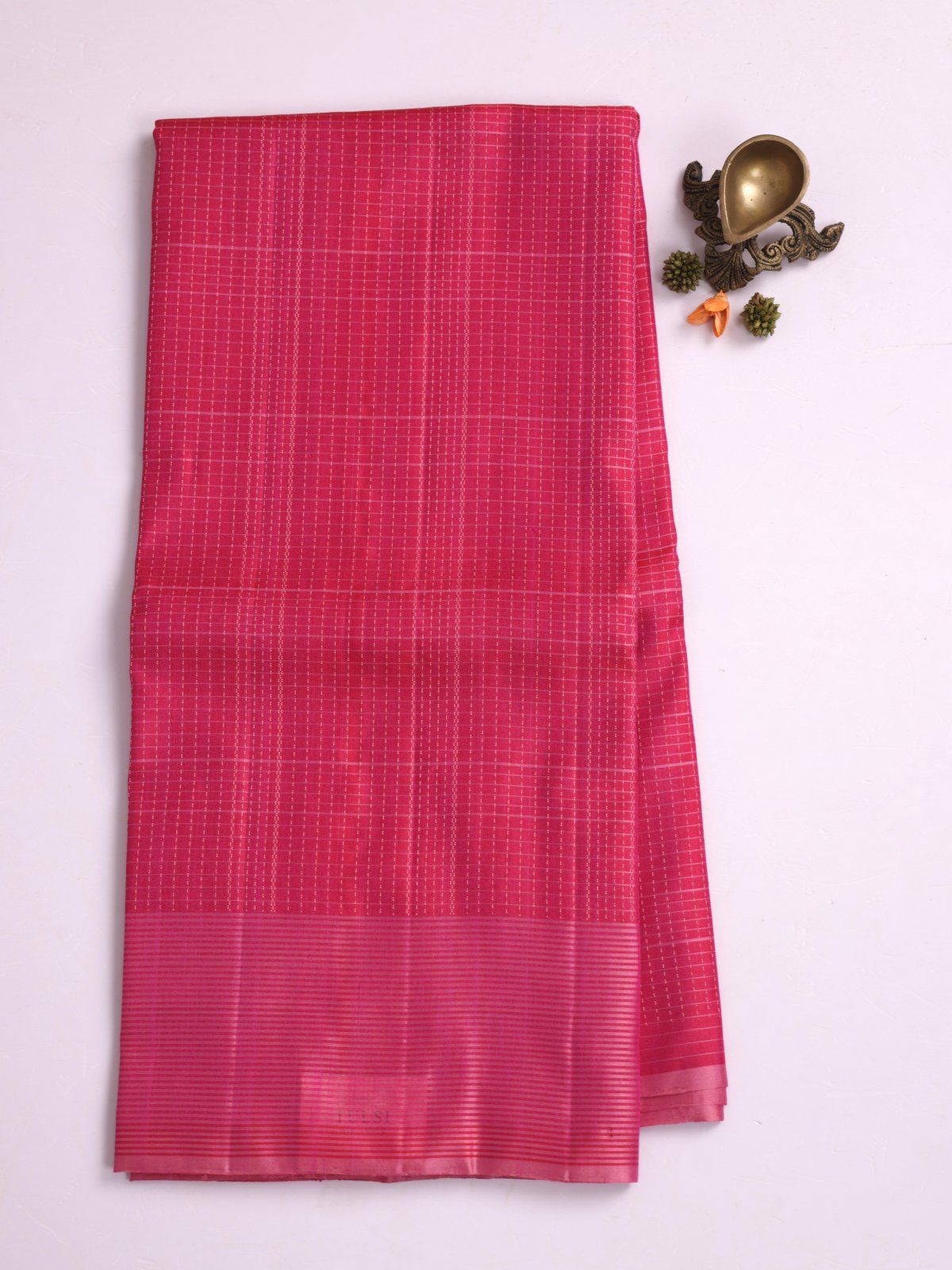 Rani Pink Checked Soft Silk Tussar Saree With Striped Border