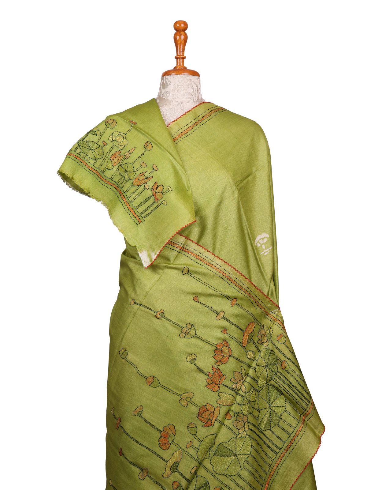 Light Mehndi Green Printed Tussar Silk Saree With Kantha Embroidery 