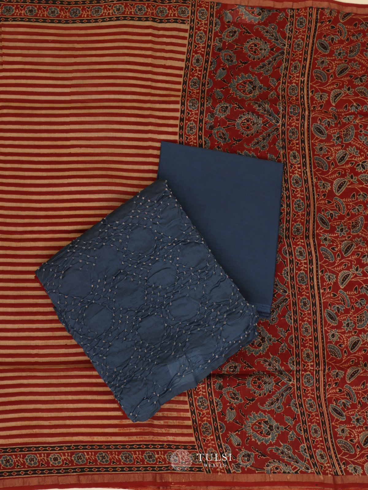 Dark Teal Blue Bandhini Salwar Material With Ajrakh Dupatta