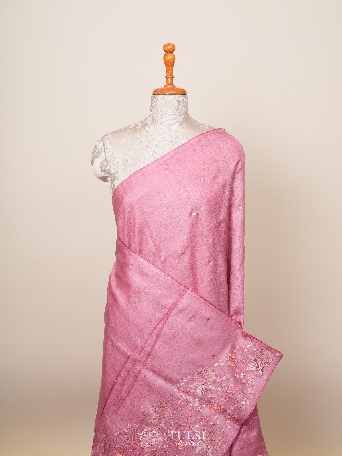 Dusty Pink Tussar Silk Saree with Floral Embroidery Border