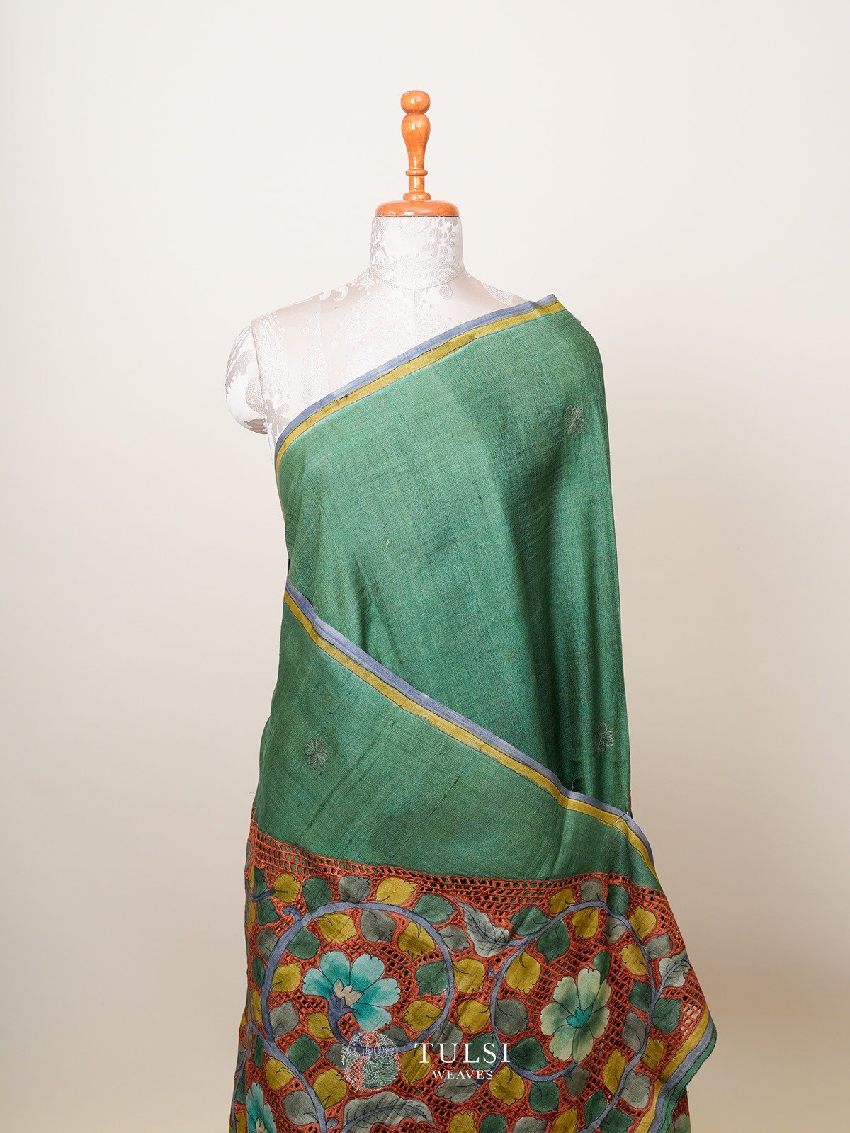 Green Tussar Silk Saree With Raising Border