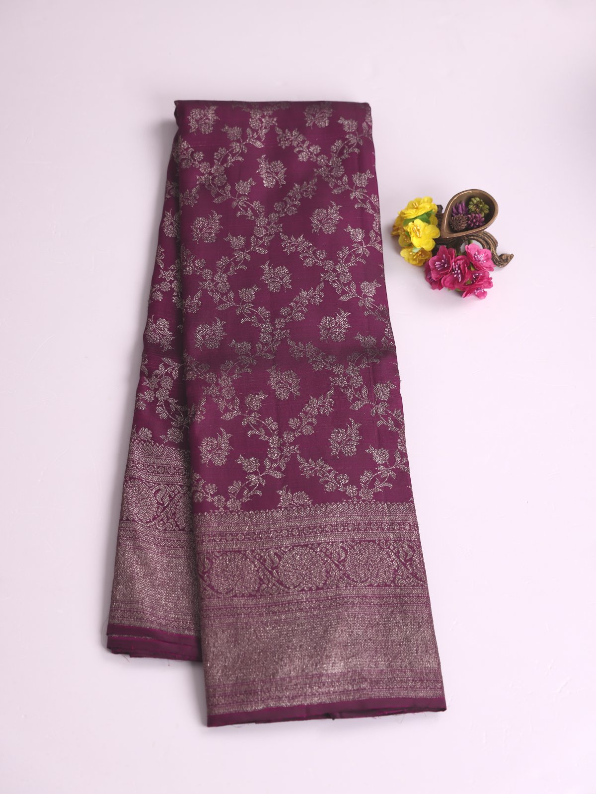 Burgundy Kanjeevaram Silk Saree With Antique Zari