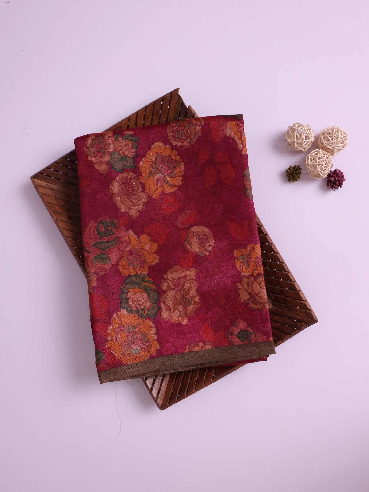 Maroon Printed Tussar Silk Saree