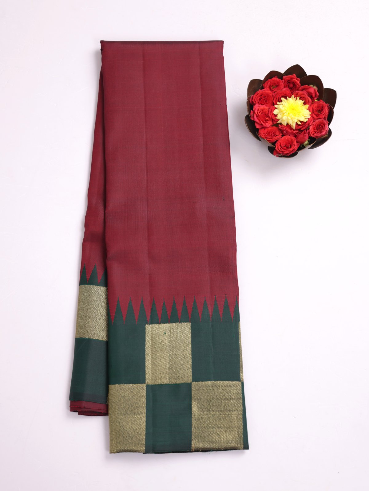 Araku Kanjeevaram Silk Saree With Dark Green Zari Checked Border