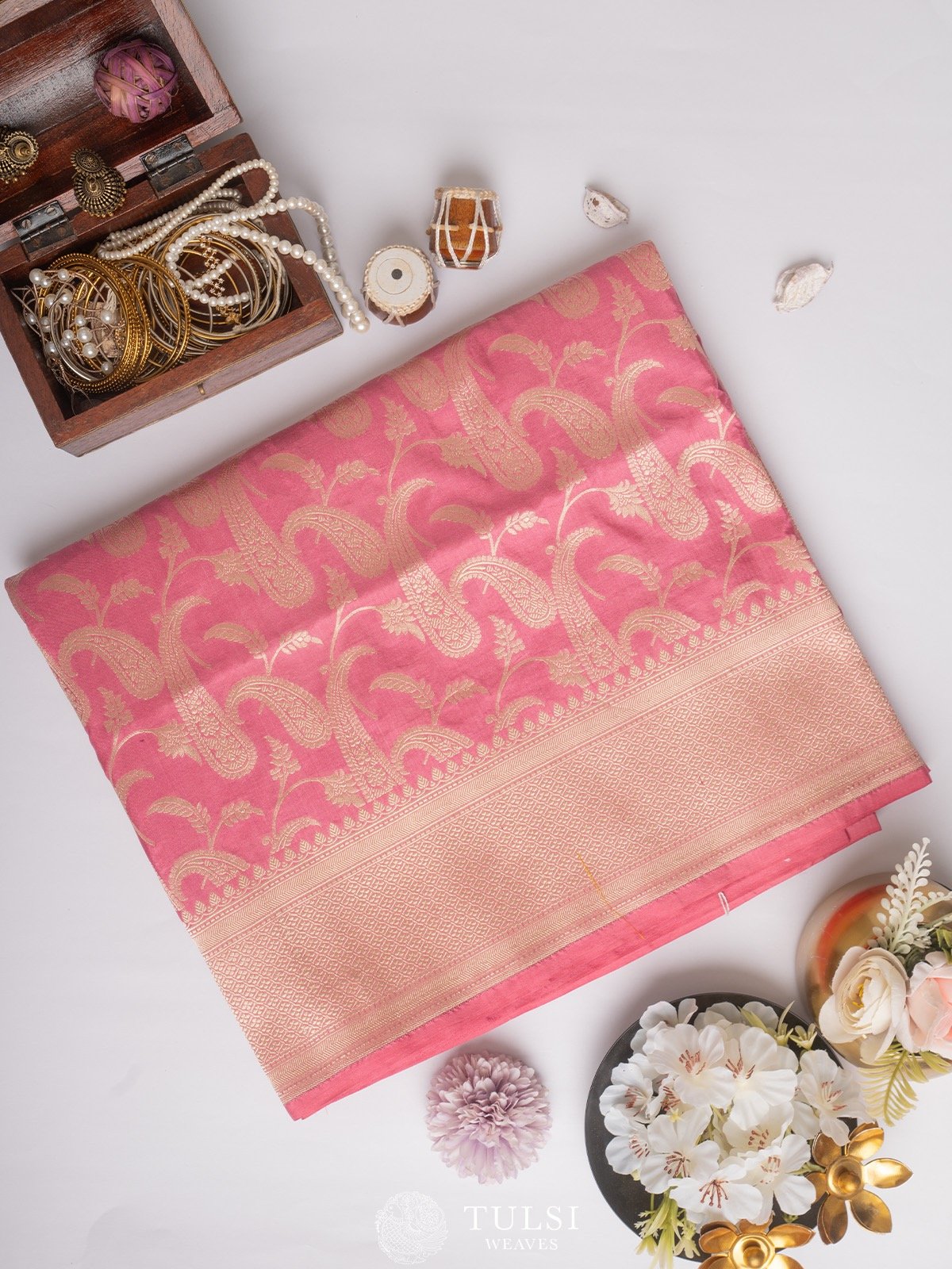 Dusty Pink Banarasi Silk Saree with self Zari border