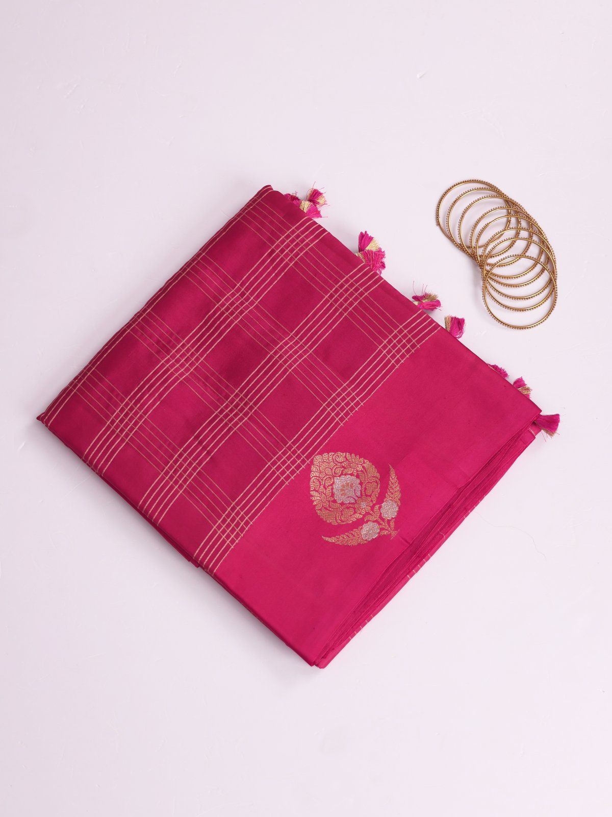 Reddish Pink Zari Checked Mashru Silk Saree With Satin Border
