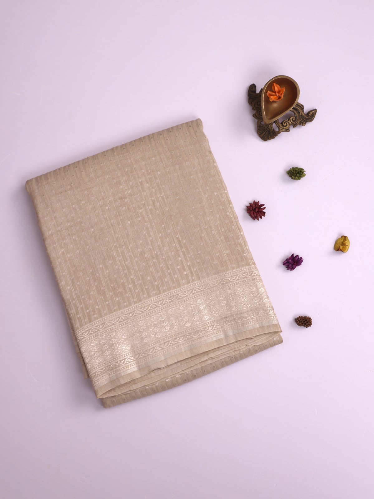 Beige Linen Saree With Zari Border