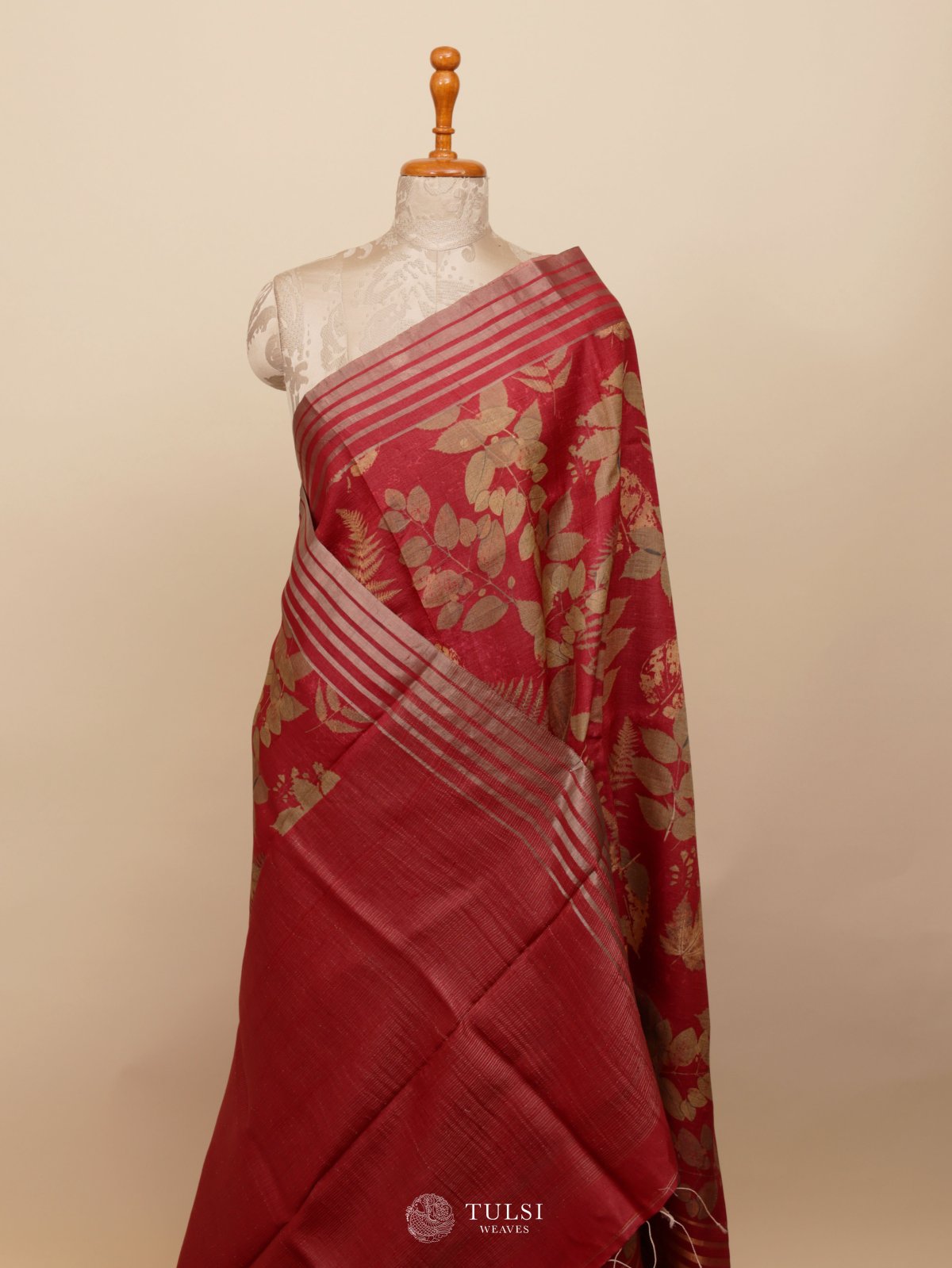 Dusty Red Printed Tussar Silk Saree