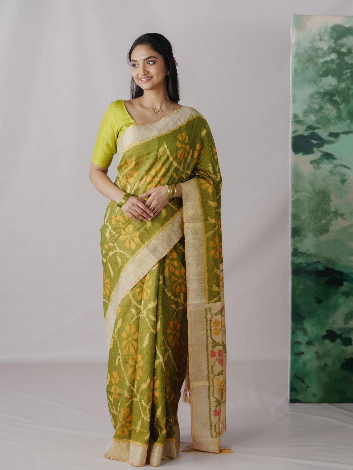 Yellowish Green Patola Silk Saree