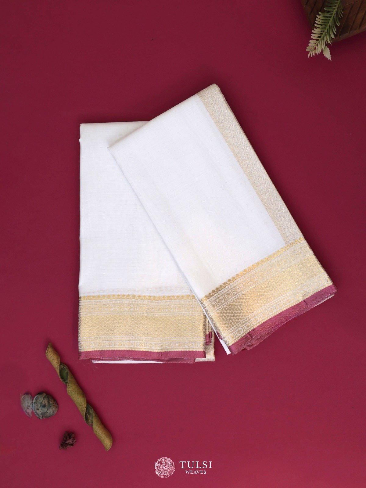 White Silk Dhoti and Vasthram With Gold Self Zari Border