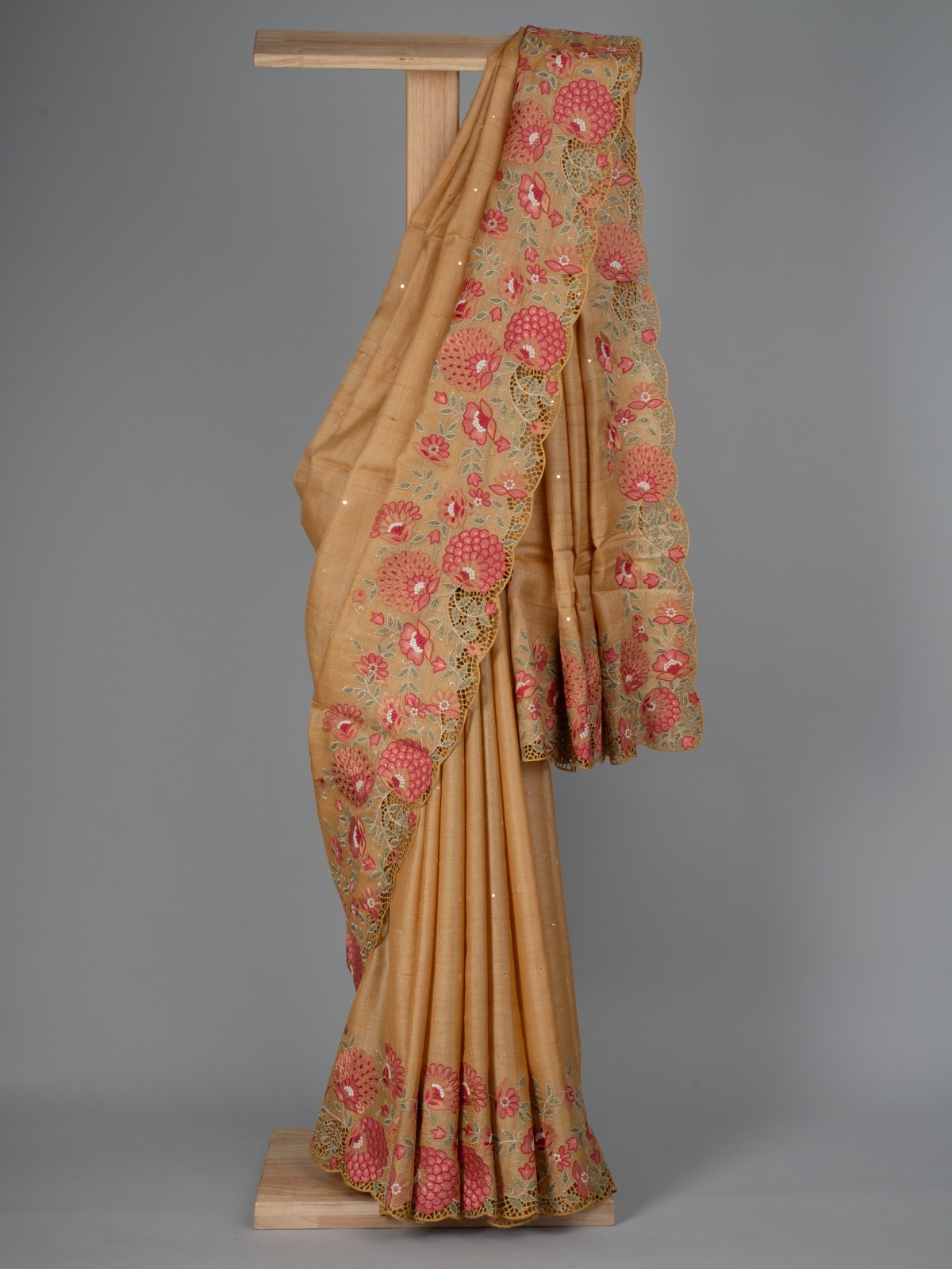 Light Yellow Tussar Silk Saree with Floral Embroidery Border