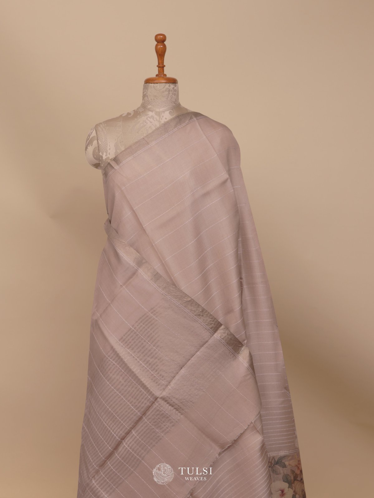 Beige Printed Tussar Silk Saree