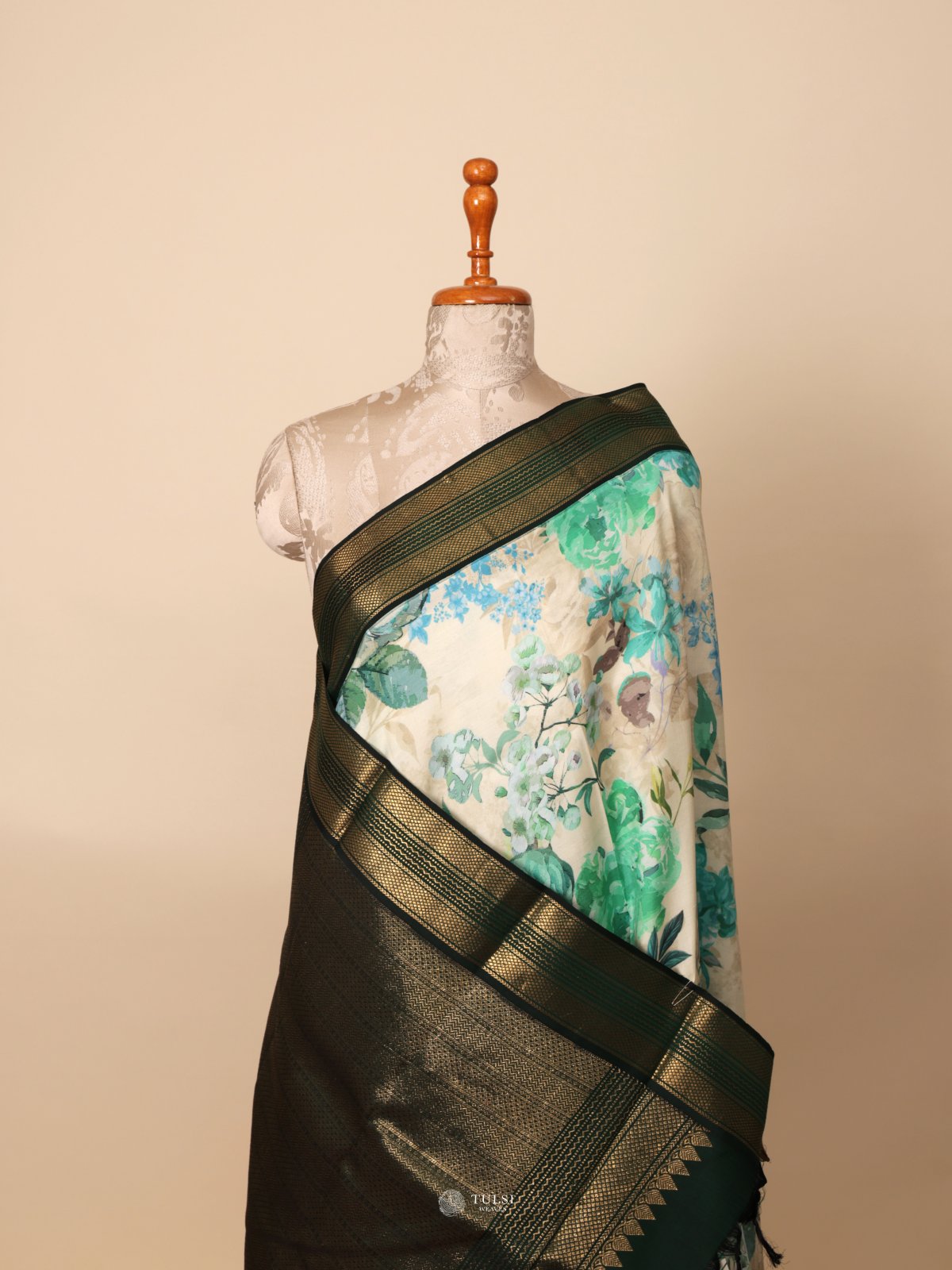 White Printed Kanjeevaram Silk Saree