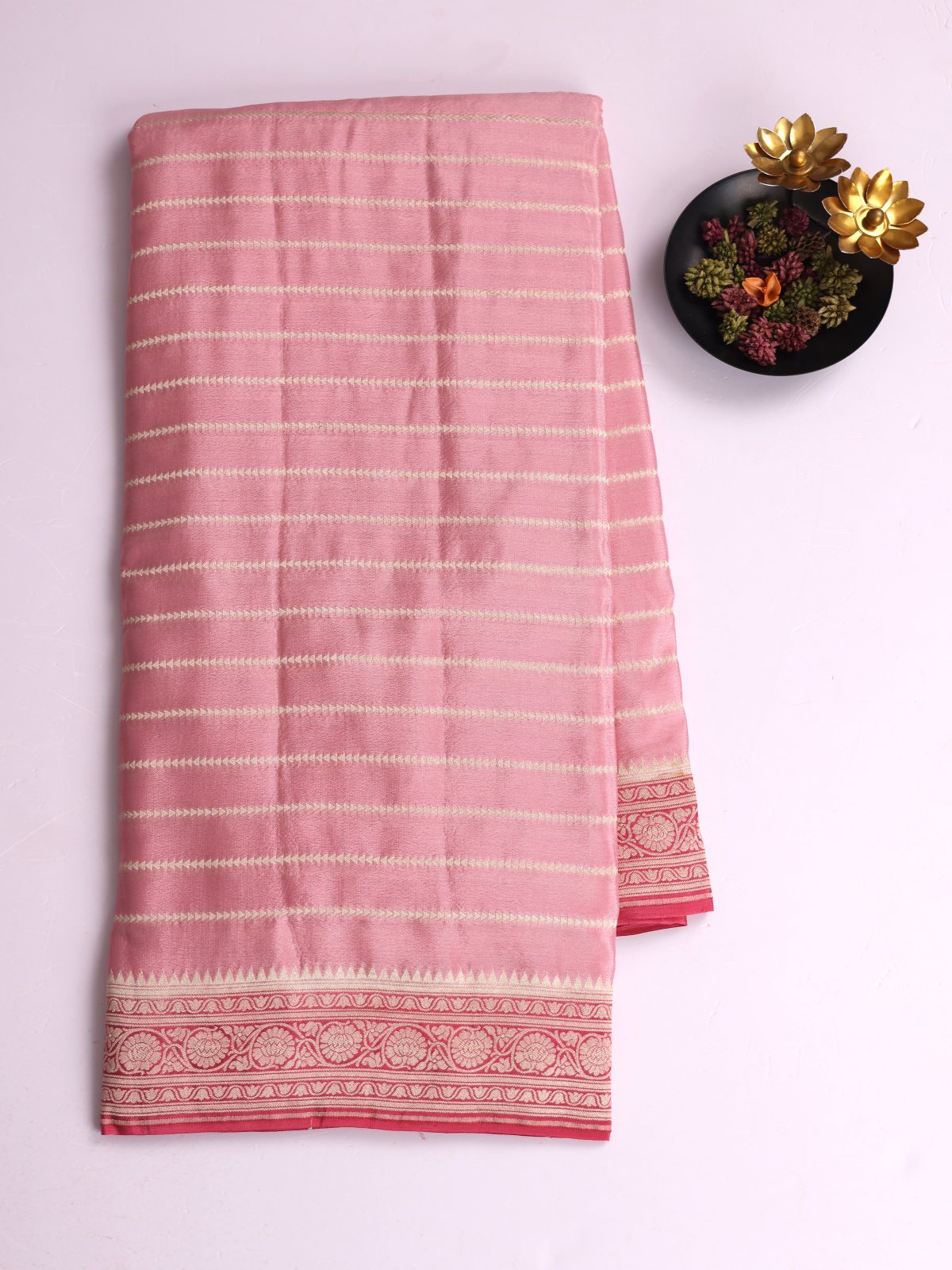 Pink Zari Striped Banaras Crepe Silk Saree With Dusty Red Border 