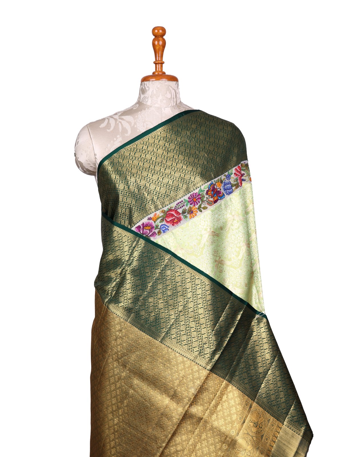 Light Green Zari Brocade Kanjeevaram Silk Saree With Petite Embroidery