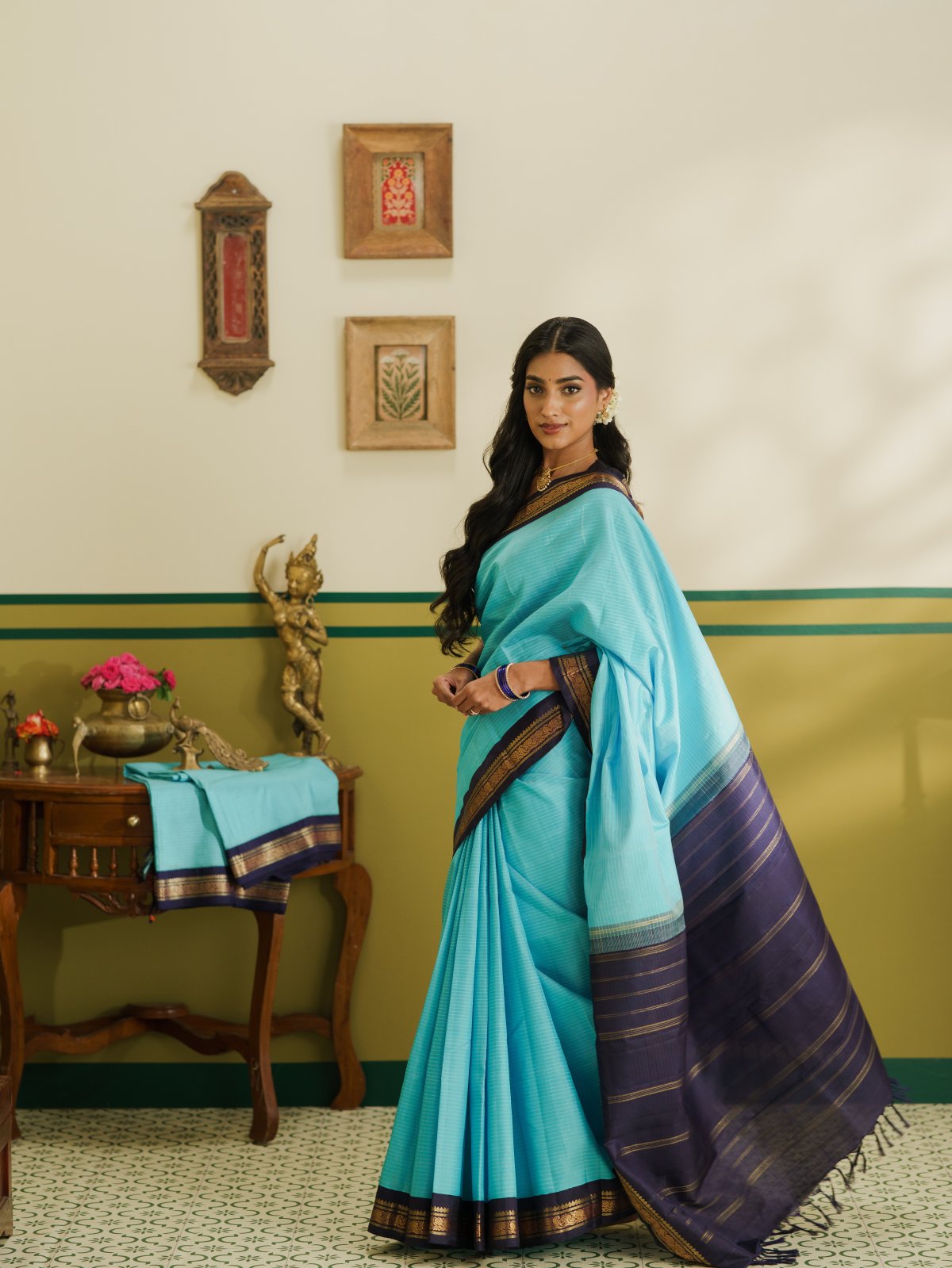 Vintage 34 - Light Blue Striped Kanjeevaram Silk Saree With Navy Blue Border