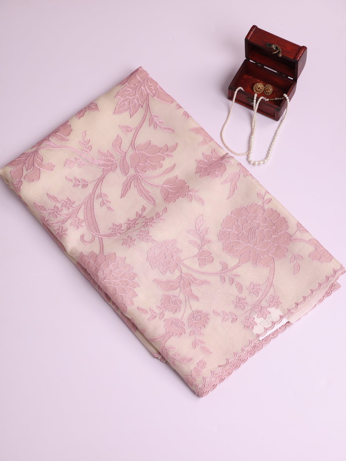 Cream Organza Silk Saree With Light Pink Applique Work