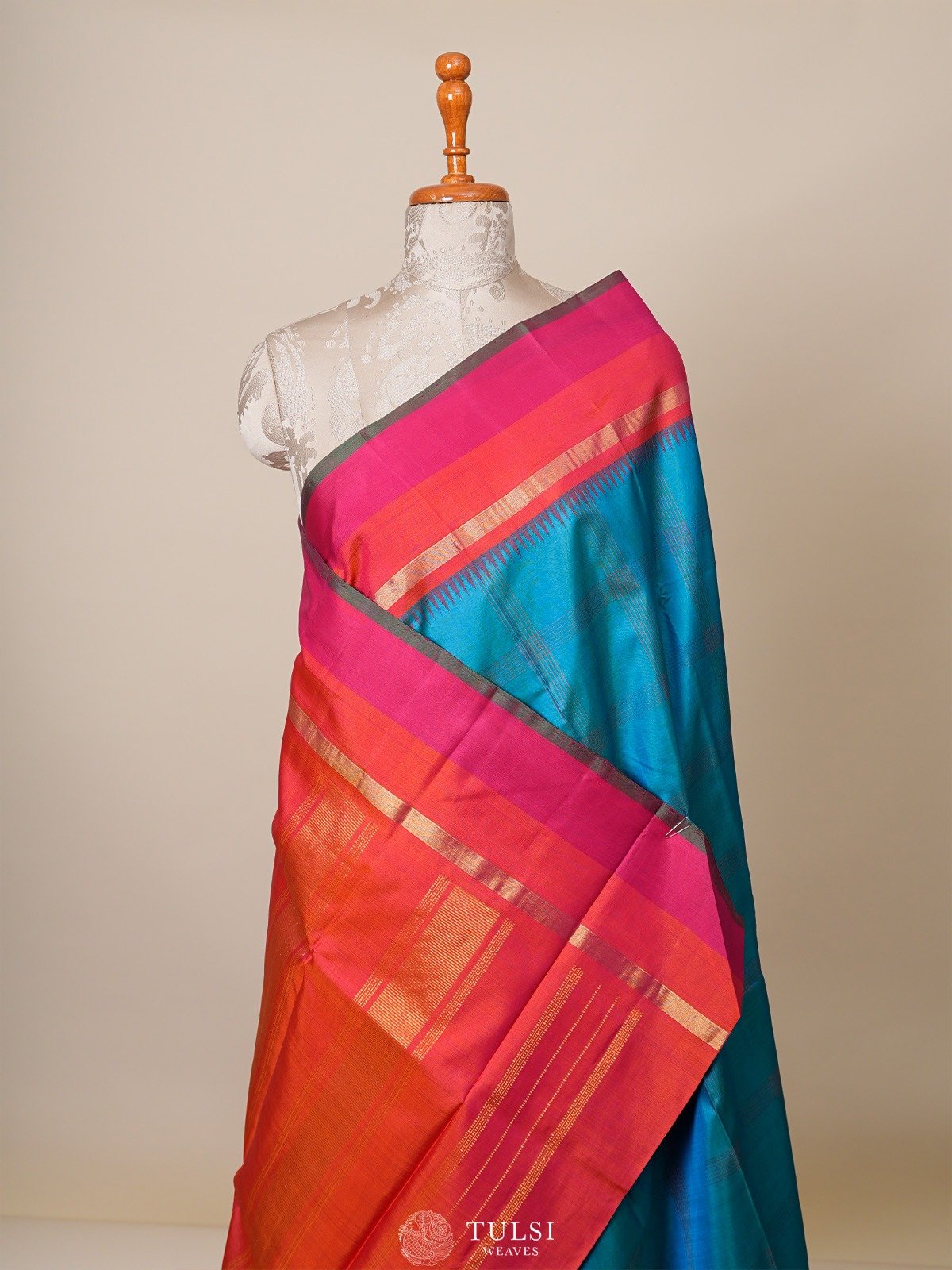 Teal Blue Checked Kanjeevaram Silk Saree