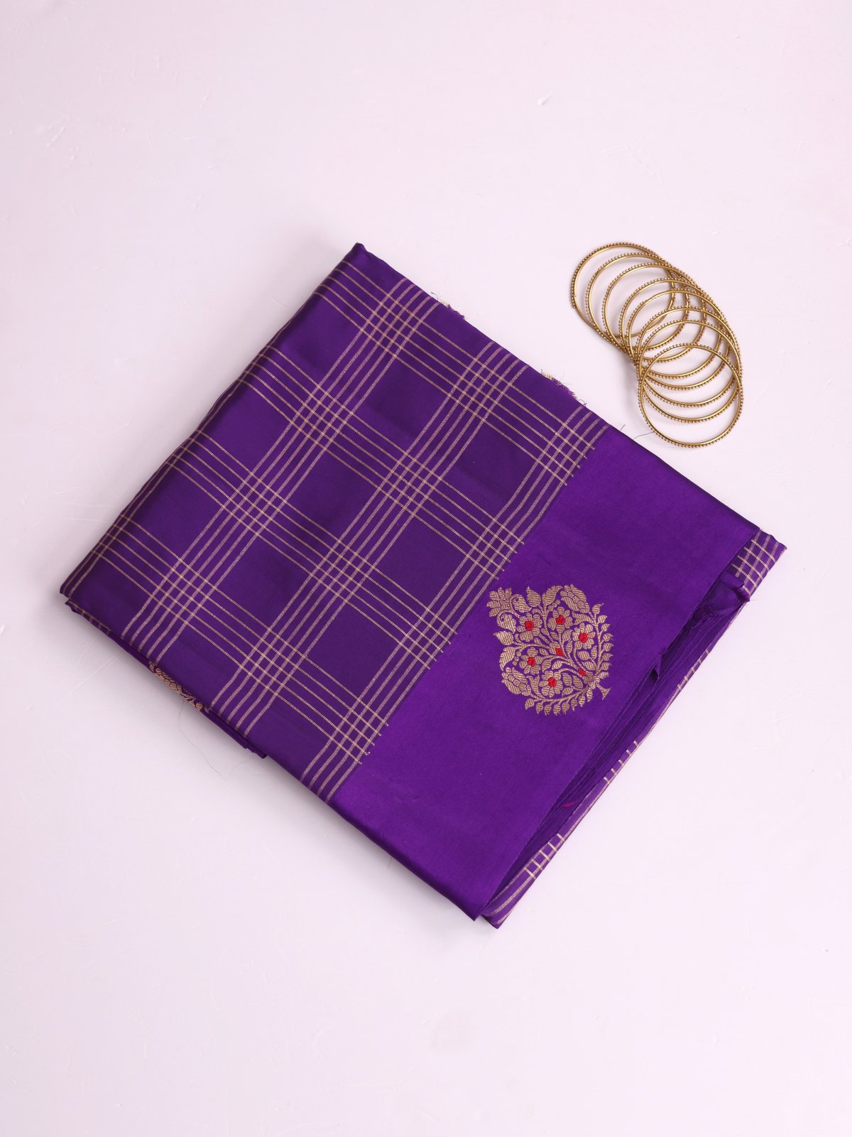 Violet Zari Checked Mashru Silk Saree With Satin Border