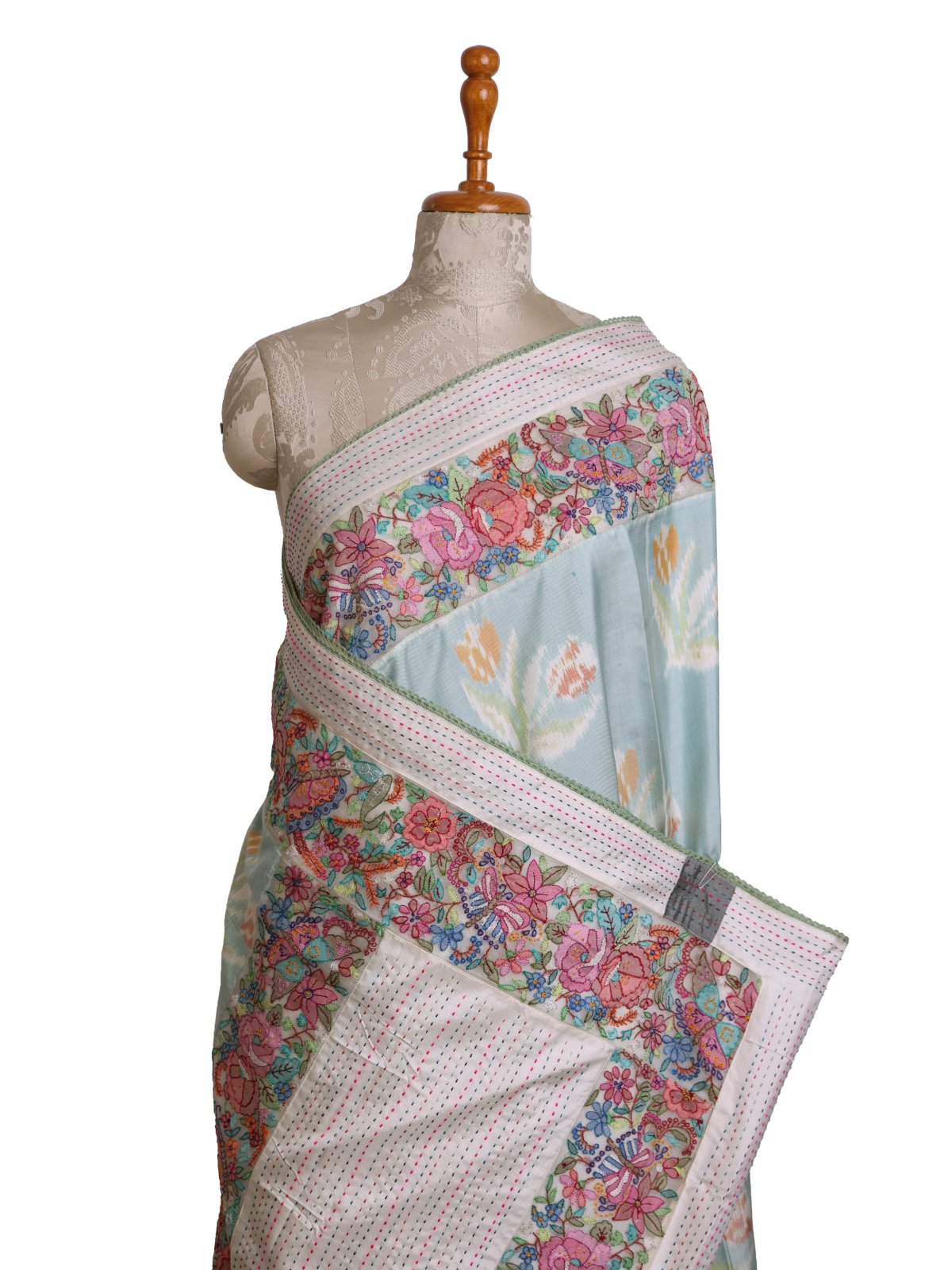 Light Bluish Green Patola Silk Saree with Shadow Embroidered Border