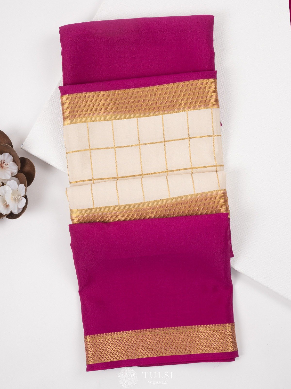 Ivory Mysore Silk Saree with Rani Pink Border