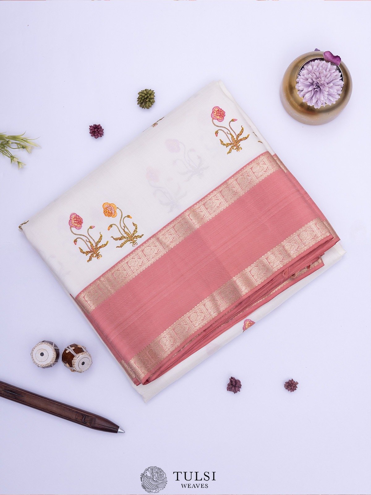 Off-White Blockprint Kanjeevaram Silk Saree with Peach Border