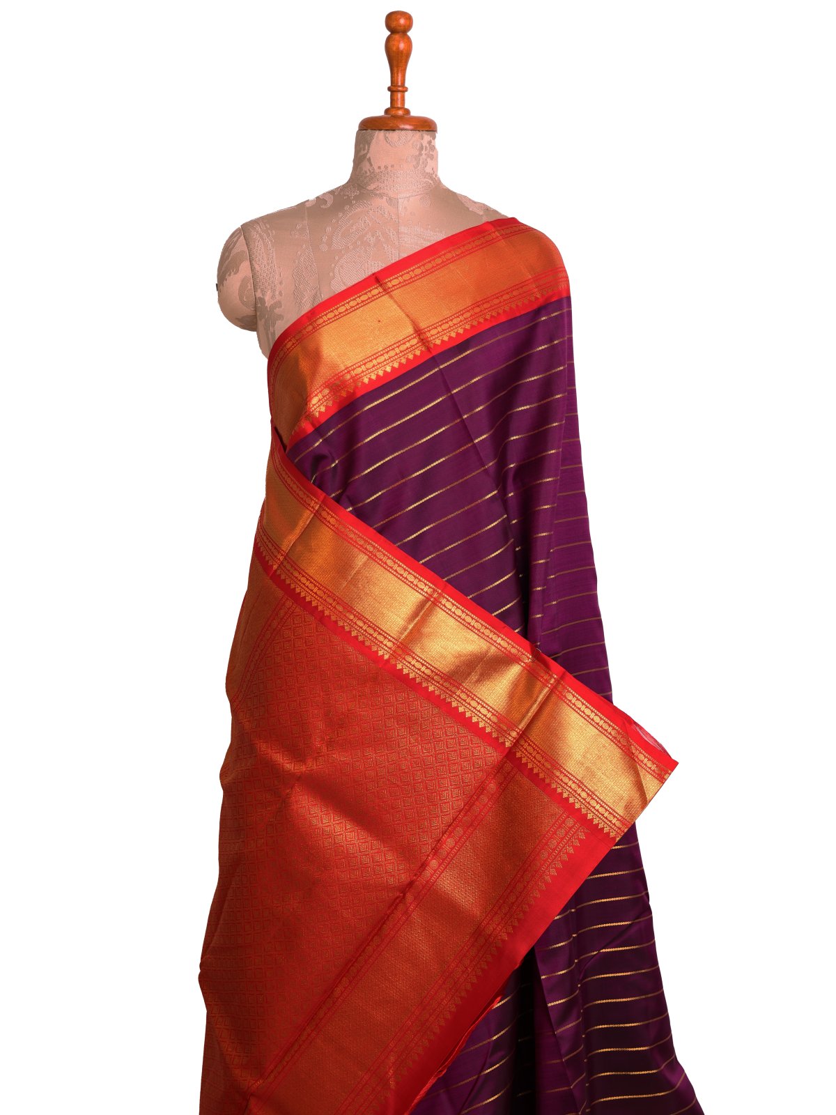 Dark Purple Veldhari Kanjeevaram Silk Saree With Reddish Orange Border