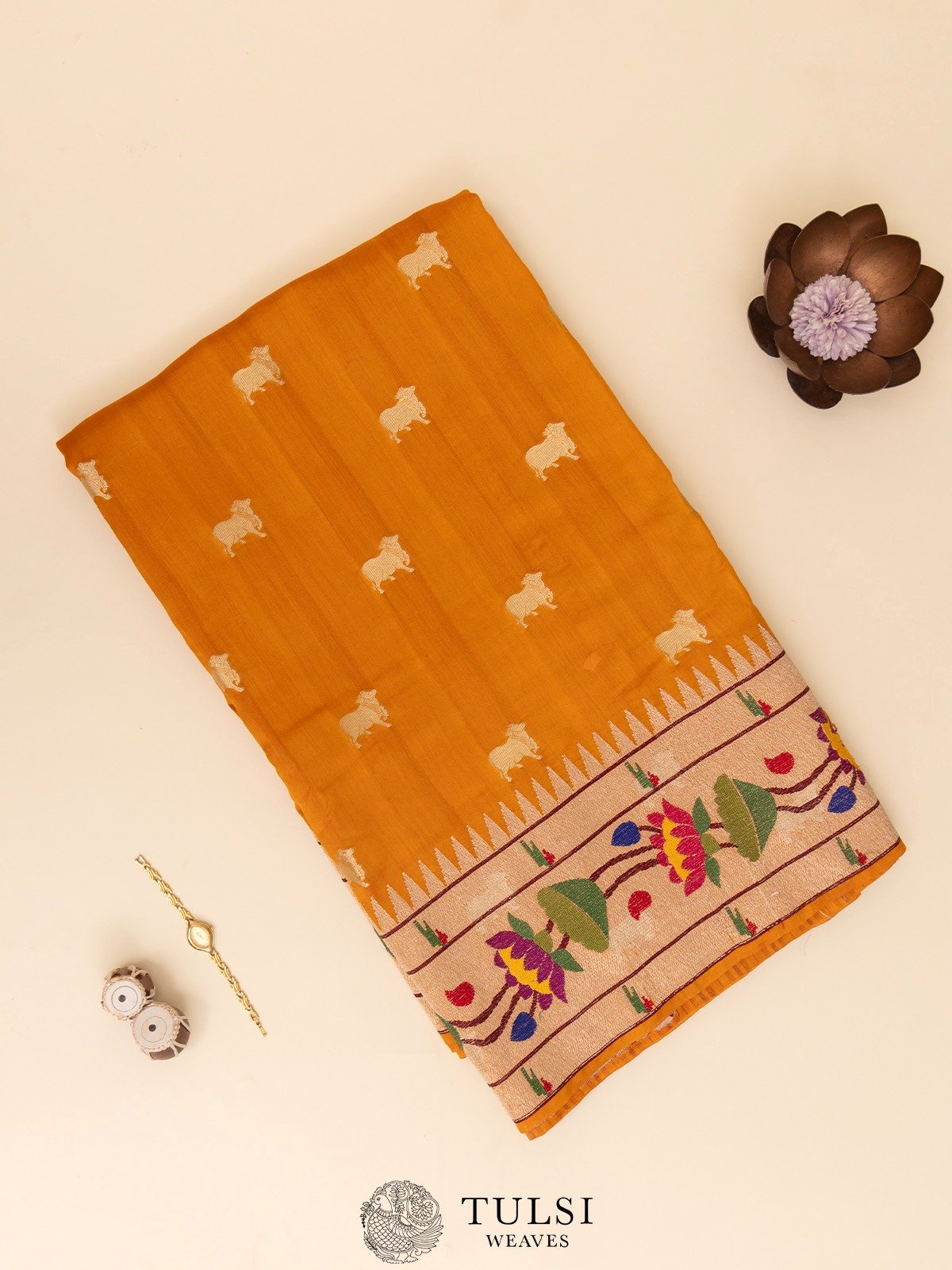 Mustard Chaniya Silk Saree with Paithani Border