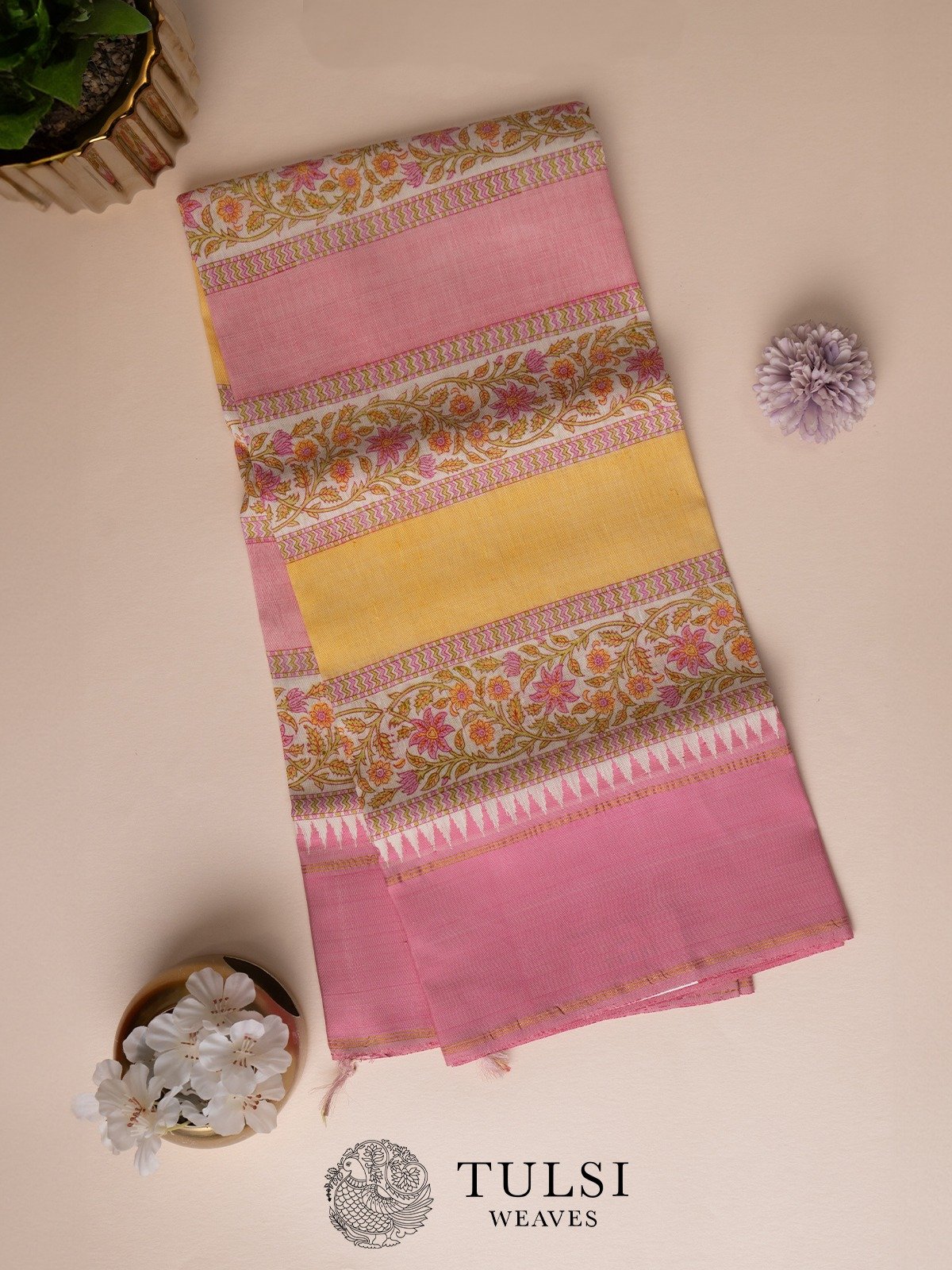 Yellow and Pink Silk Dupatta with Bodi Border 