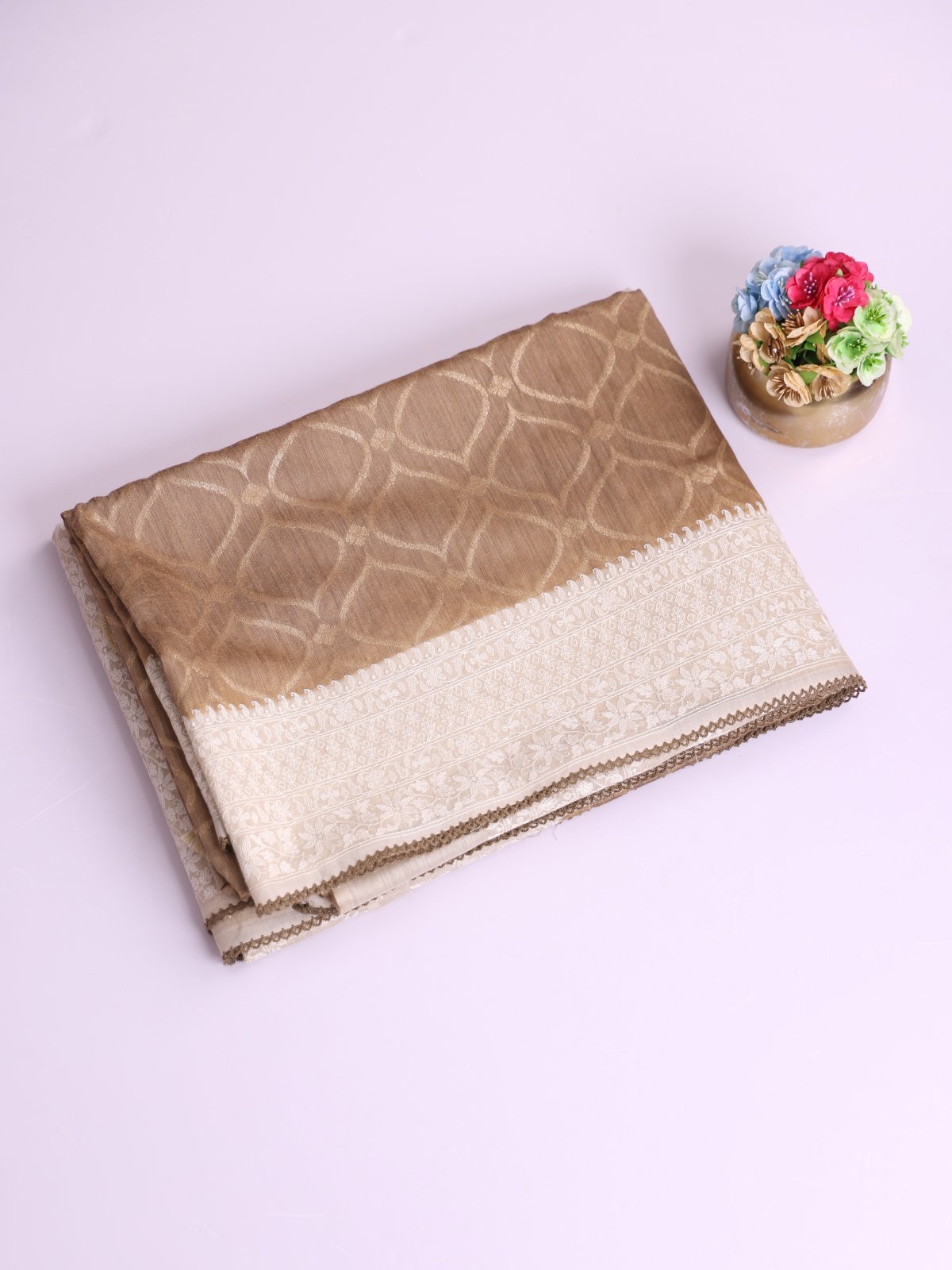 Light Brown Munga Tussar Silk Saree With Beige Embroidery Border 