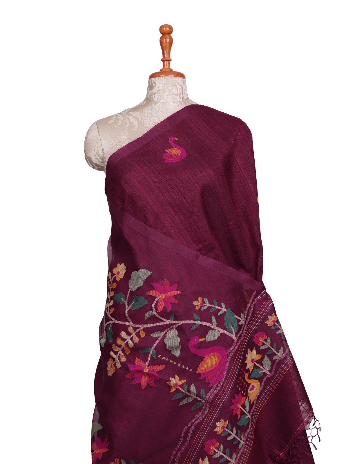 Burgundy Kora Tussar Silk Saree With Jamdani Pallu