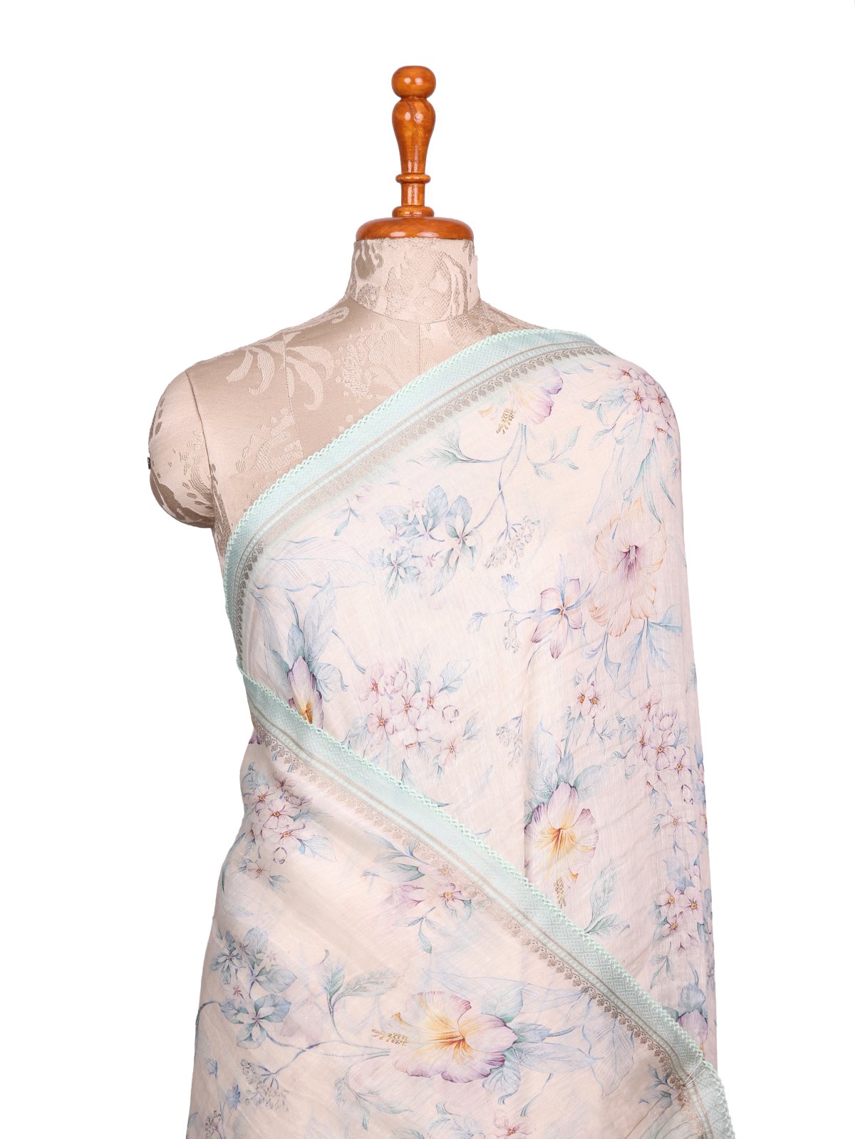 Off-White Printed Linen Saree with Pastel Green Embroidered Border