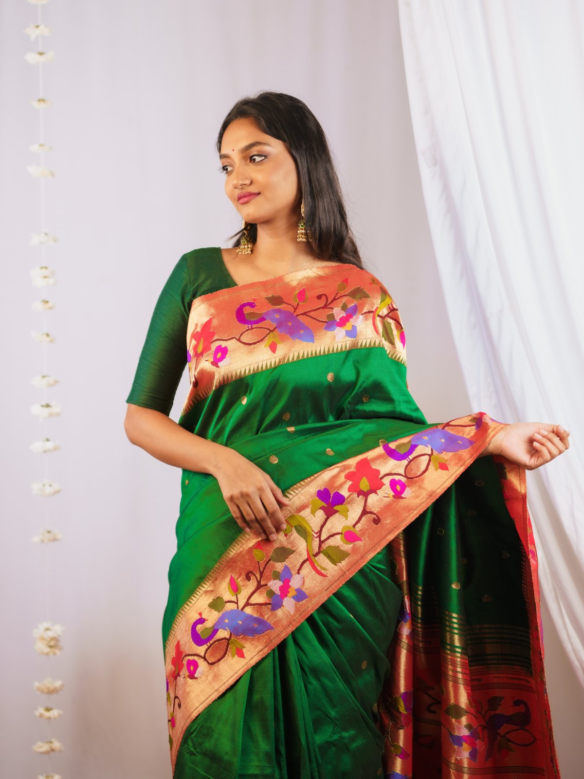 Bottle Green Paithani Silk Saree With Gold Tissue Border