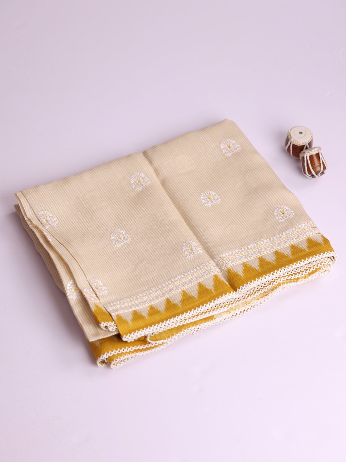 Beige And Cream Striped Munga Tussar Silk Saree With Mustard Yellow Border
