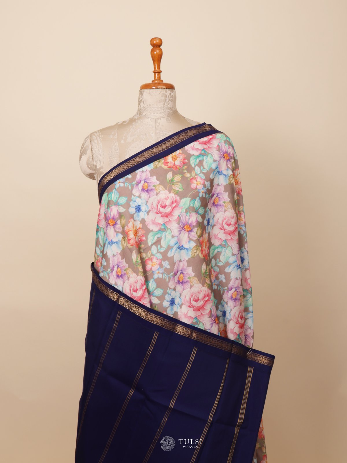 Beige Printed Kanjeevaram Silk Saree