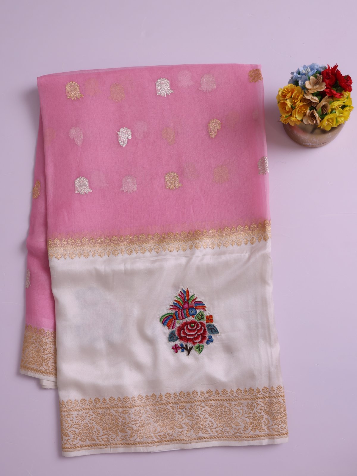 Light Pink Banaras Organza Saree With Off White Silk Border