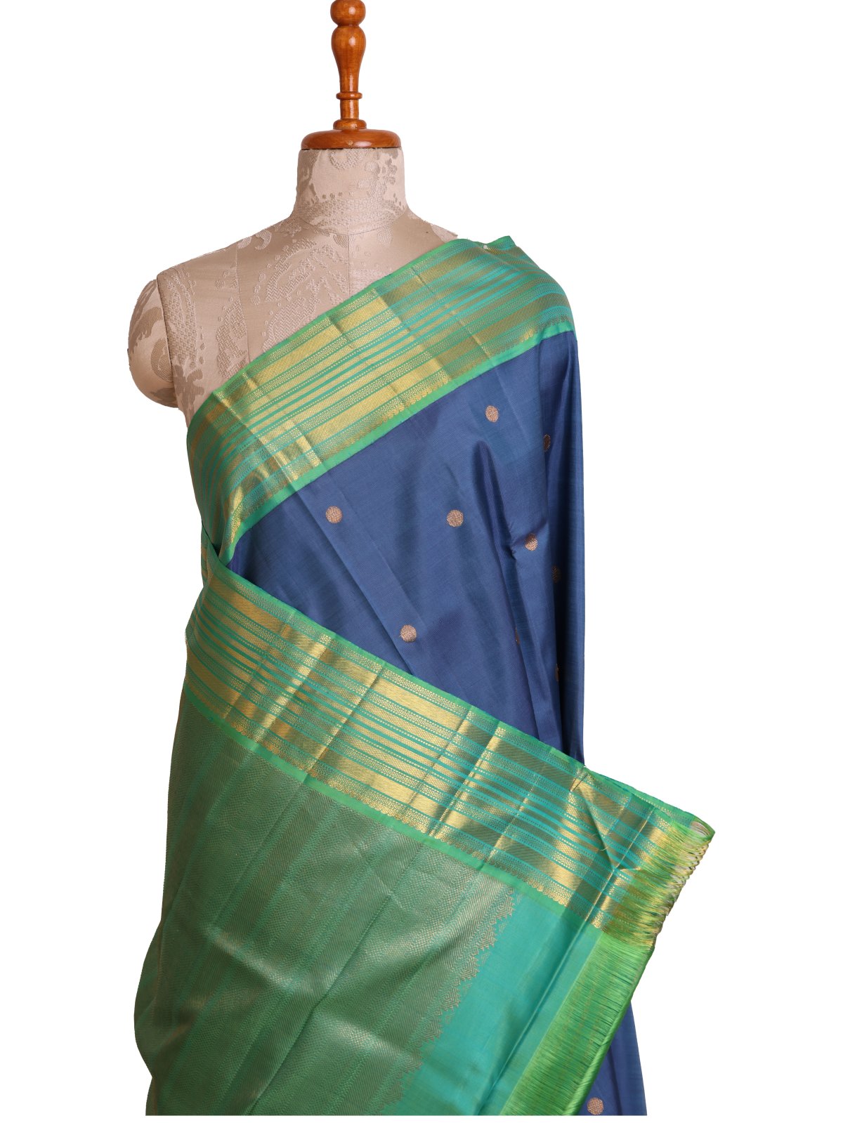 Bluish Grey Kanjeevaram Silk Saree With Greenish Blue Border