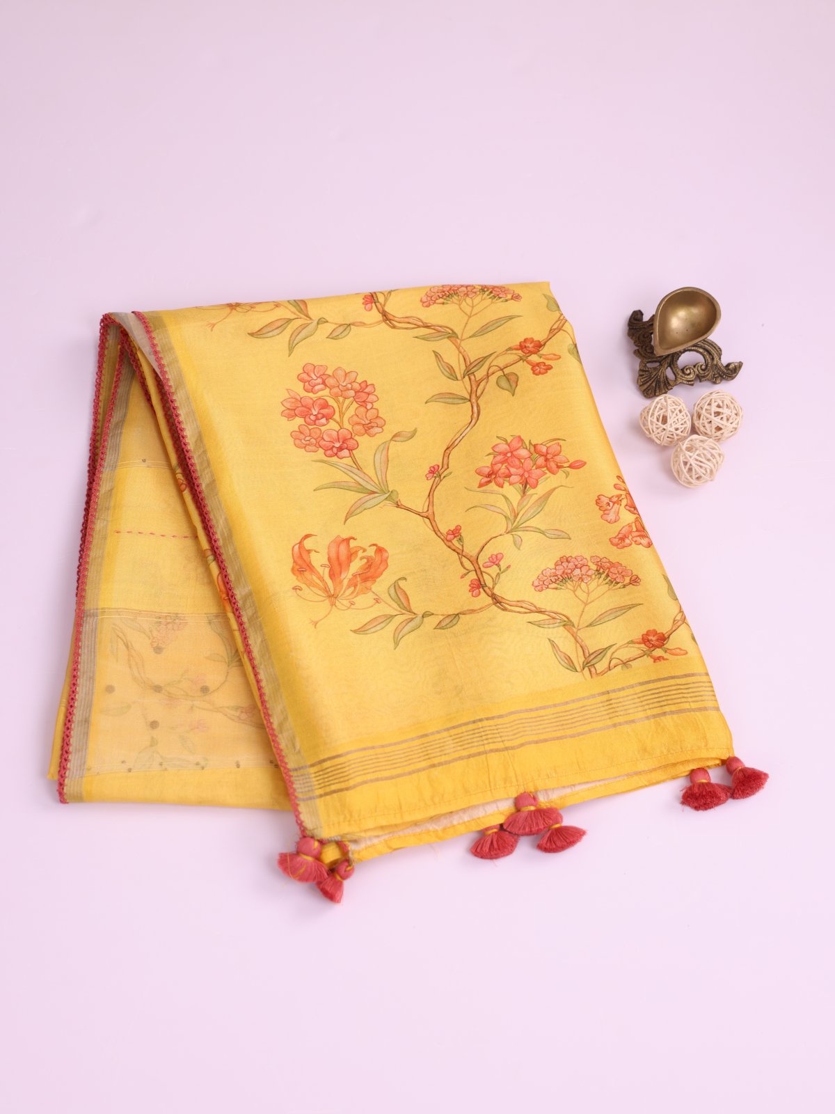 Yellow Kora Tussar Silk Saree