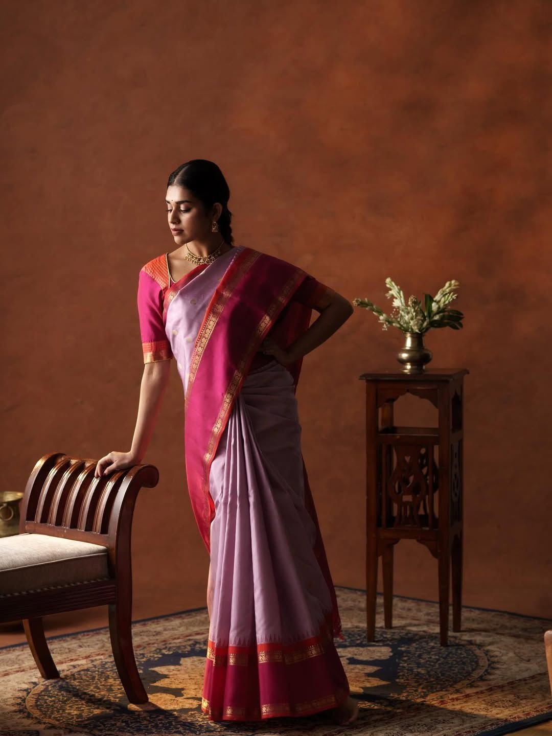 Lavender Gadwal Silk Saree With Pink Border